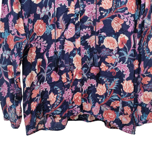 Lucky Brand Sz XL Top Blouse Shirt Blue Floral Print Tassel Tie Rayon - Picture 2 of 7